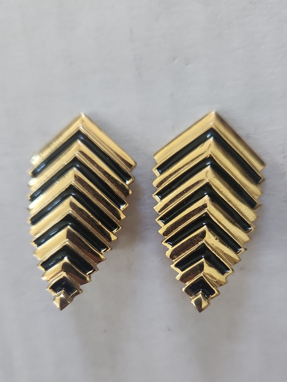 Vintage Monet Gold and Black Chevron Drop Clip On Earrings